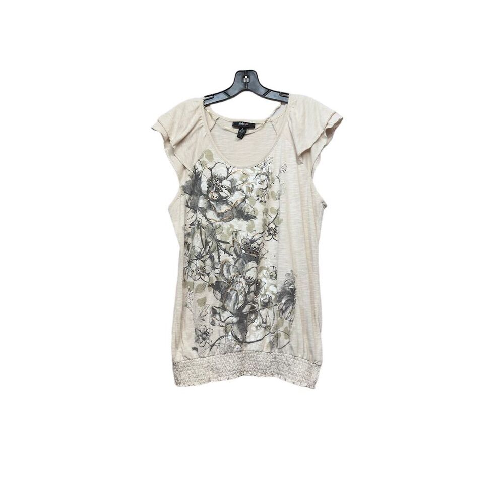 Style&Co Women's Floral Print Short Sleeve Scoop Neck Top Beige Size L